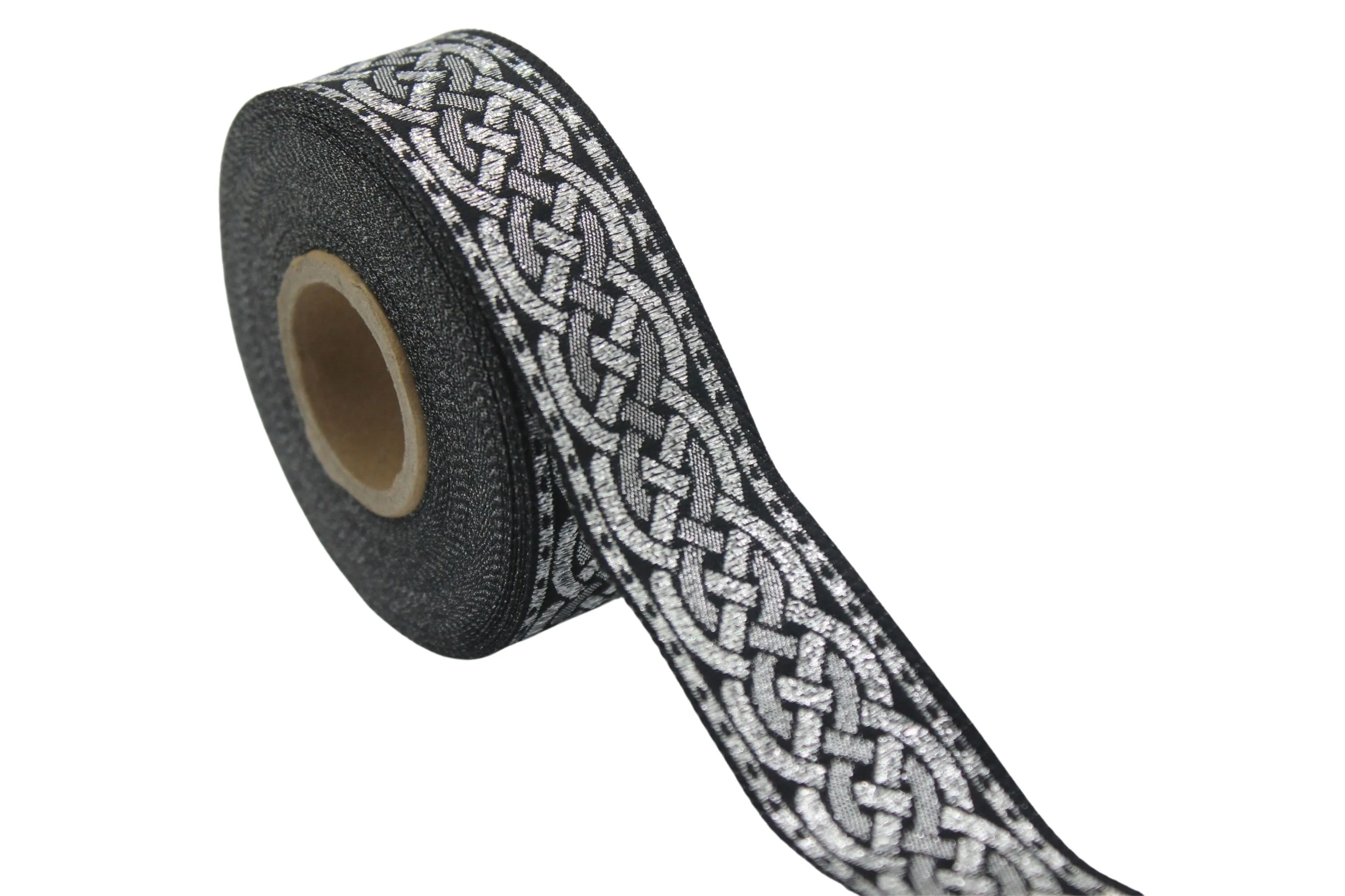 0.86 inch Metallic Silver Leprechaun Trim | Celtic Woven Border | 22 mm Woven Trimming | Jacquard Ribbon | Upholstery Fabric | CNK12
