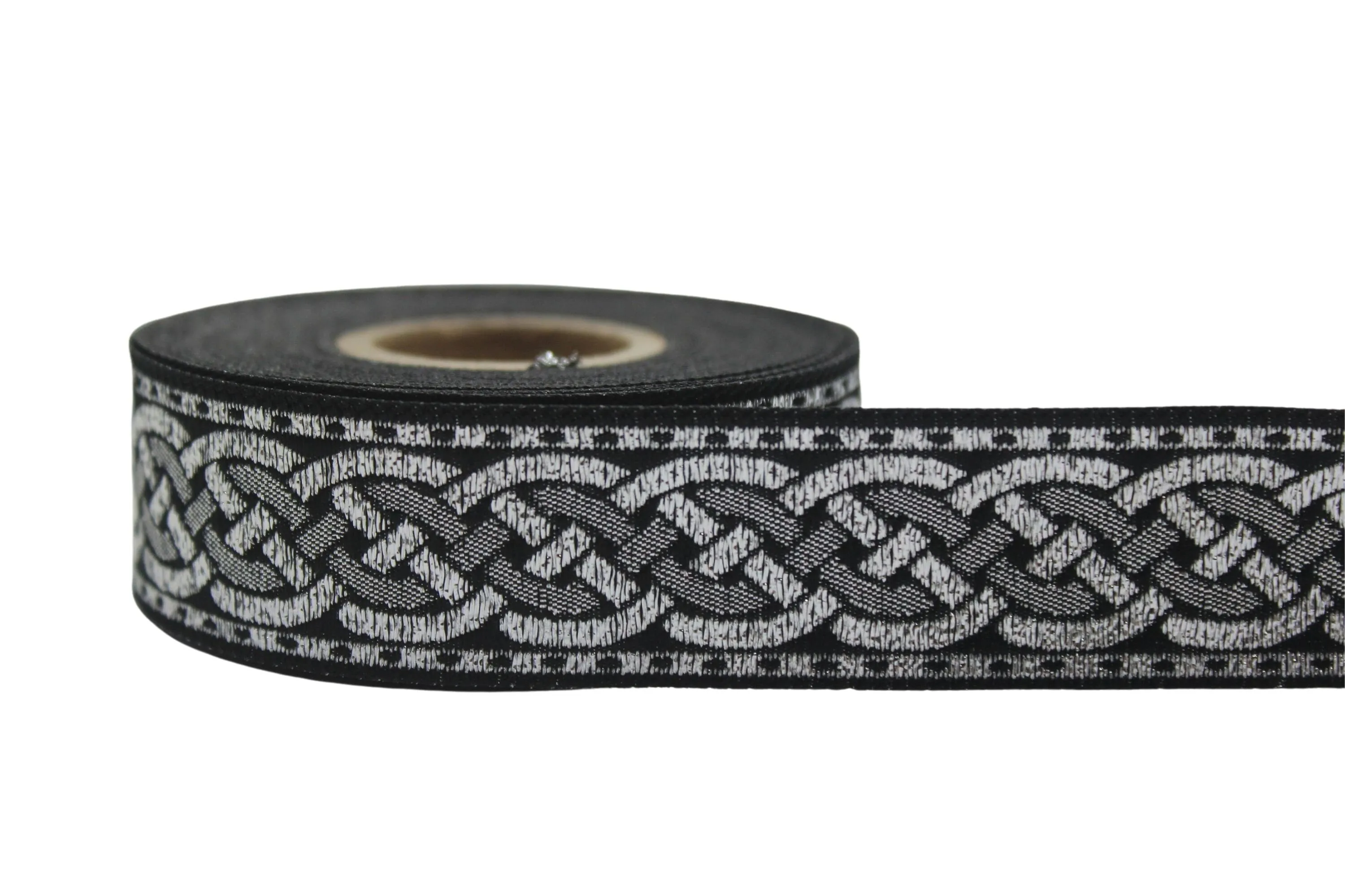 0.86 inch Metallic Silver Leprechaun Trim | Celtic Woven Border | 22 mm Woven Trimming | Jacquard Ribbon | Upholstery Fabric | CNK12