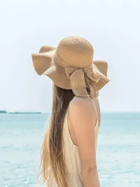 1pc Simple Sunscreen Beach Hat, Summer Women Travel Sun Protective Floppy Hat With Wave Brim And Ribbon Band Casual Sunhat