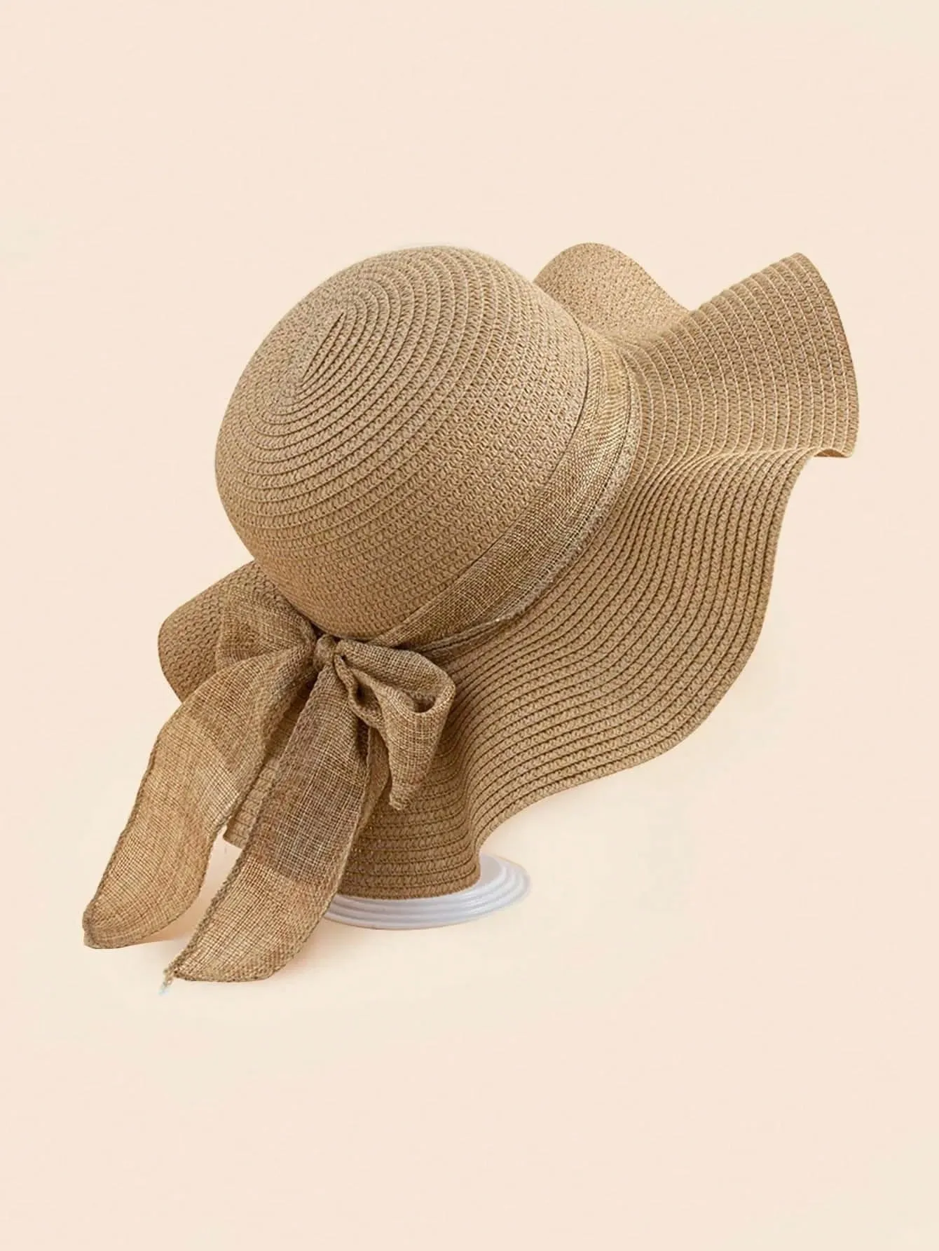 1pc Simple Sunscreen Beach Hat, Summer Women Travel Sun Protective Floppy Hat With Wave Brim And Ribbon Band Casual Sunhat