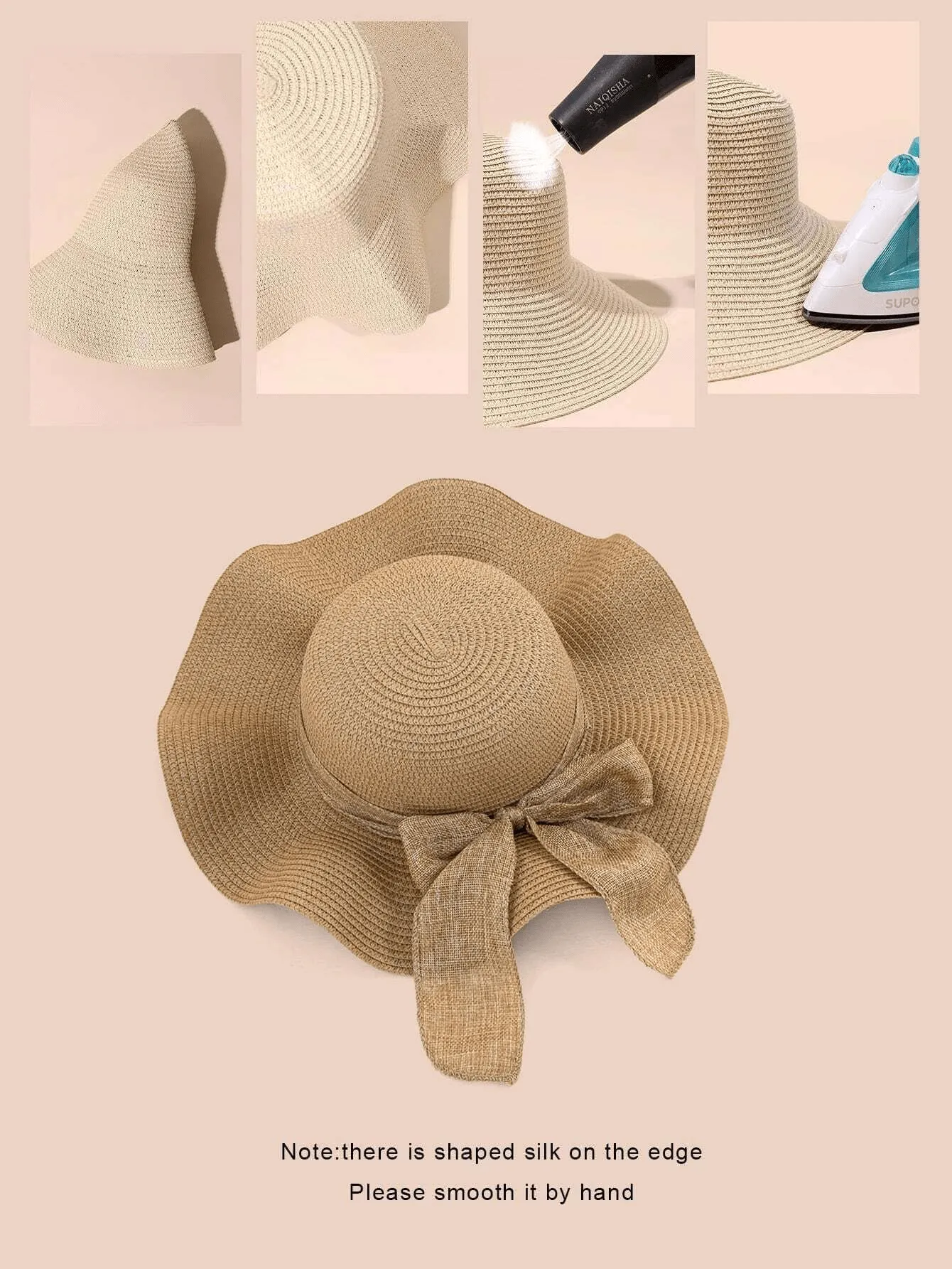 1pc Simple Sunscreen Beach Hat, Summer Women Travel Sun Protective Floppy Hat With Wave Brim And Ribbon Band Casual Sunhat