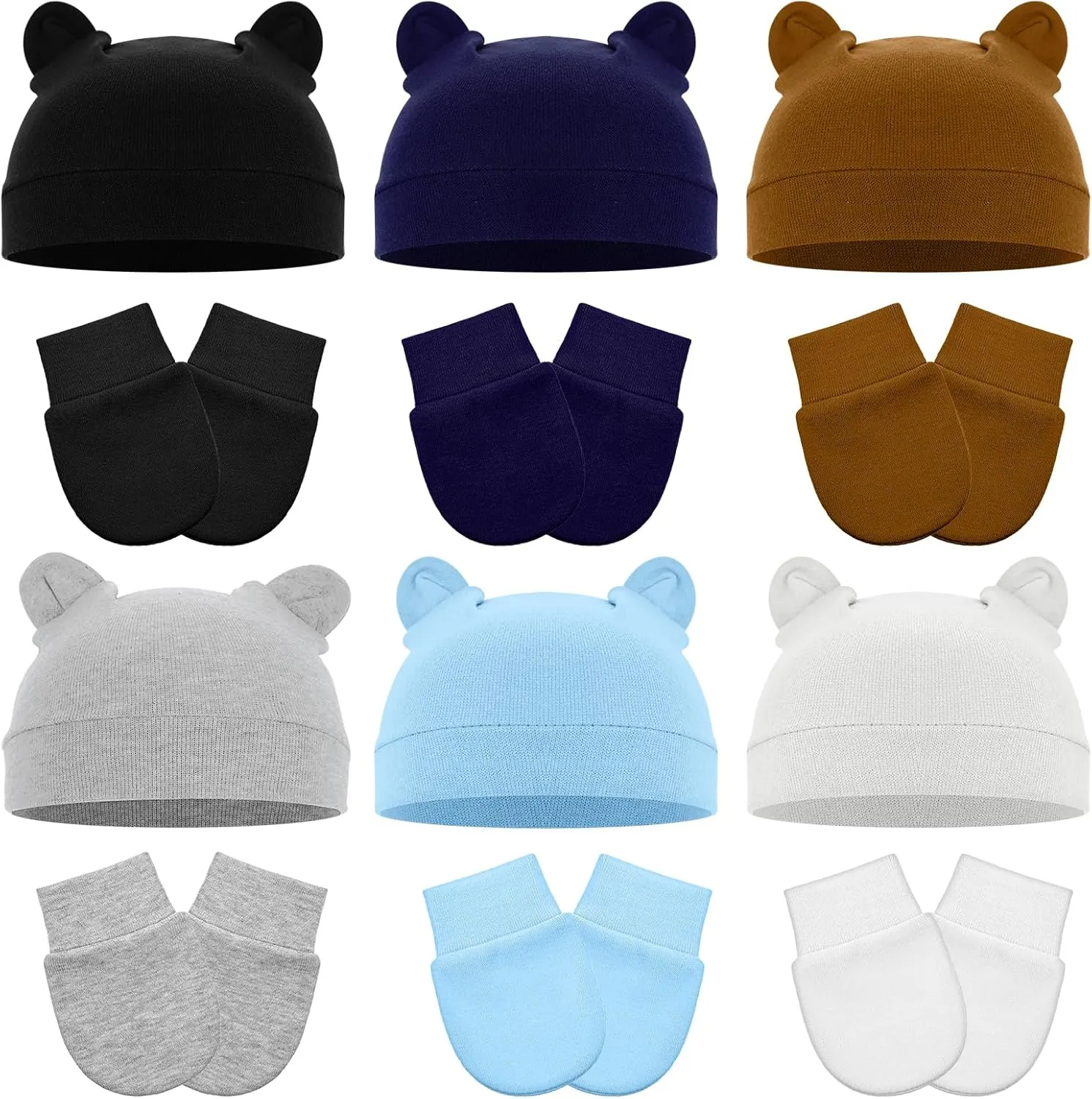 6 Set Newborn Hats and Mittens Cute Baby Newborn Gloves No Scratch Babies Boy Hats and Mittens Bear Baby Hat and Mitten Set for Toddlers, Infant, Babies Boy Girl Essentials Colorful