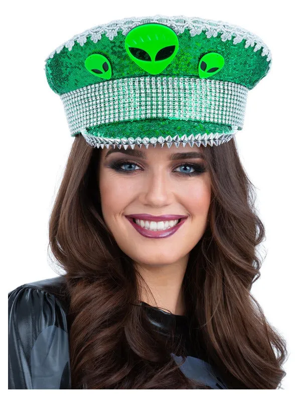 Alien Sequin Captains Hat Green Heads