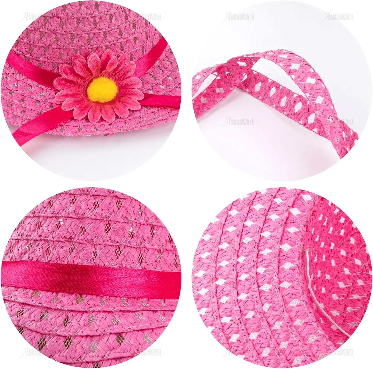 AUEAR, 3 Set Straw Hat and Purse Tea Summer Beach Sunflower Daisy Flower Sunhats Blue Yellow Pink