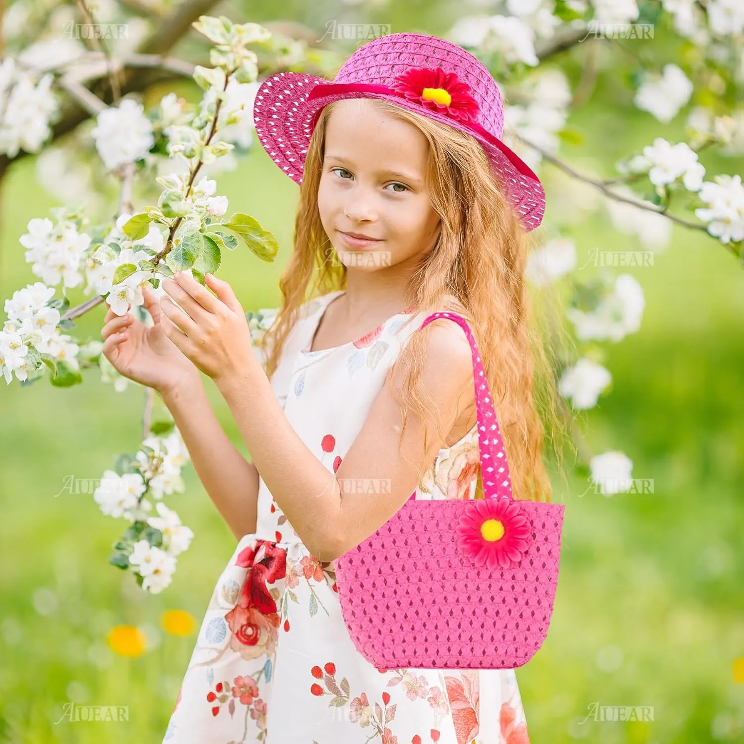 AUEAR, 3 Set Straw Hat and Purse Tea Summer Beach Sunflower Daisy Flower Sunhats Blue Yellow Pink