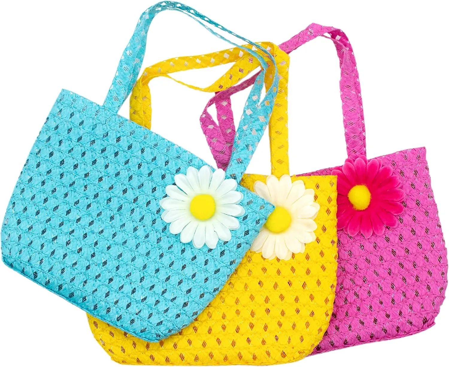AUEAR, 3 Set Straw Hat and Purse Tea Summer Beach Sunflower Daisy Flower Sunhats Blue Yellow Pink