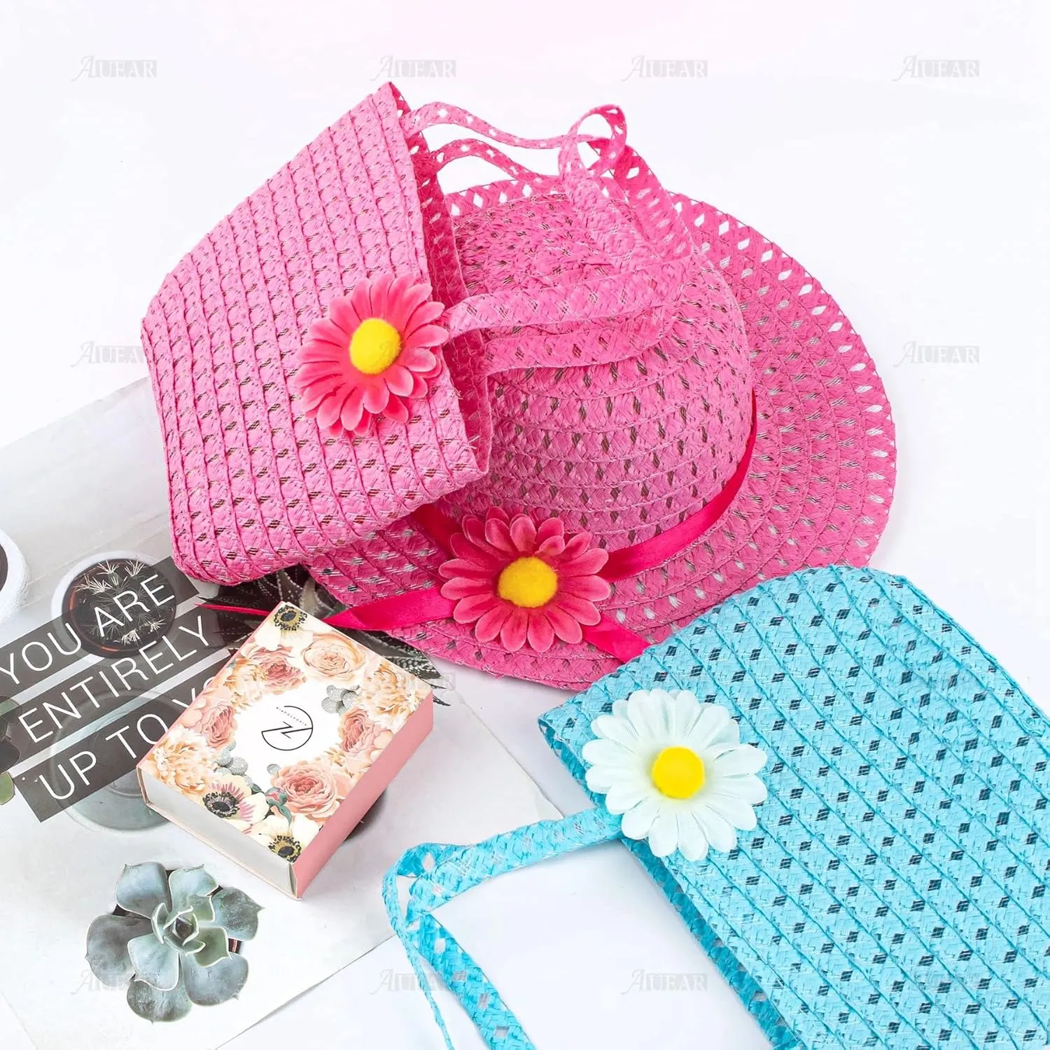 AUEAR, 3 Set Straw Hat and Purse Tea Summer Beach Sunflower Daisy Flower Sunhats Blue Yellow Pink