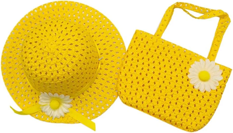 AUEAR, 3 Set Straw Hat and Purse Tea Summer Beach Sunflower Daisy Flower Sunhats Blue Yellow Pink