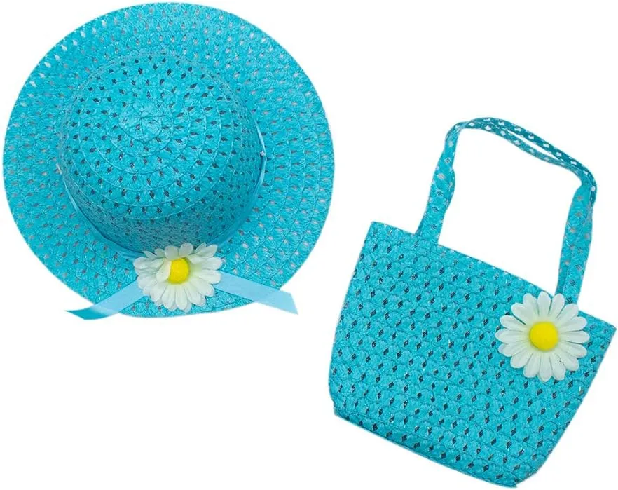 AUEAR, 3 Set Straw Hat and Purse Tea Summer Beach Sunflower Daisy Flower Sunhats Blue Yellow Pink