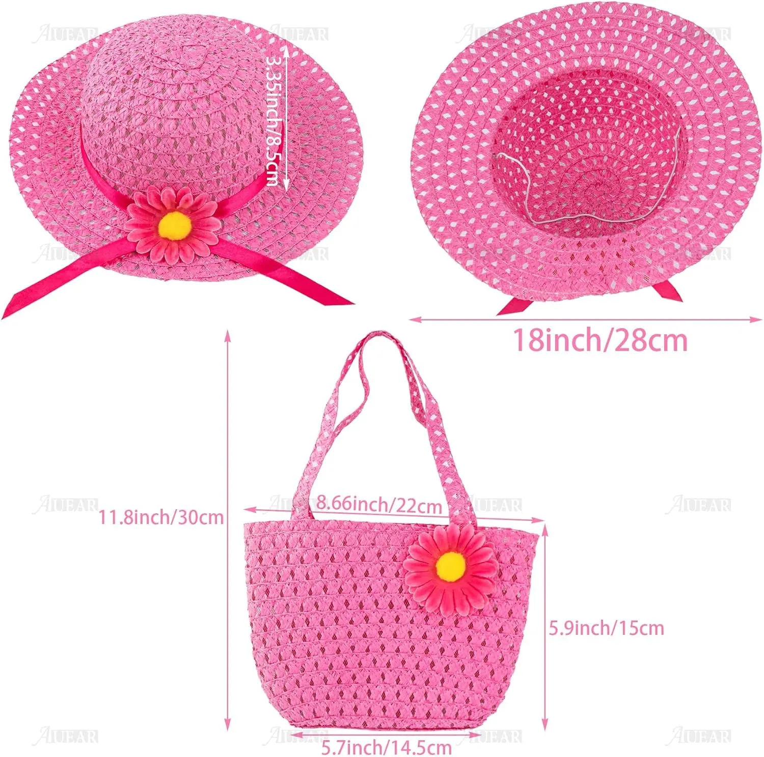AUEAR, 3 Set Straw Hat and Purse Tea Summer Beach Sunflower Daisy Flower Sunhats Blue Yellow Pink