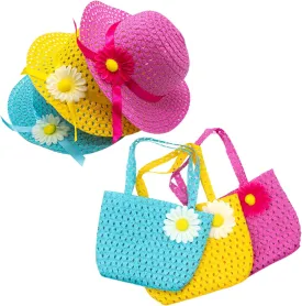 AUEAR, 3 Set Straw Hat and Purse Tea Summer Beach Sunflower Daisy Flower Sunhats Blue Yellow Pink