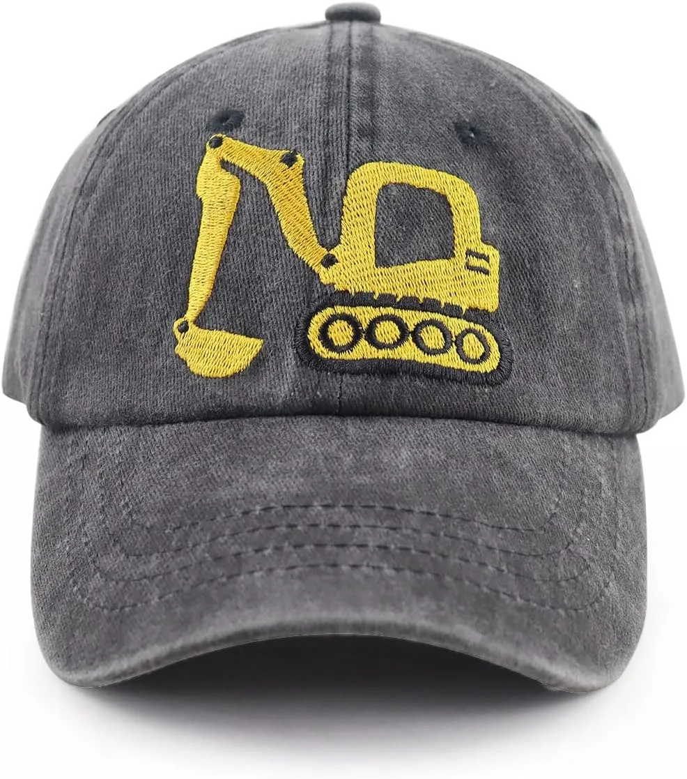 Construction Site Vehicles Hats for Boys Girls Age 3-10Adjustable Vintage Embroidered Kids Baseball Cap
