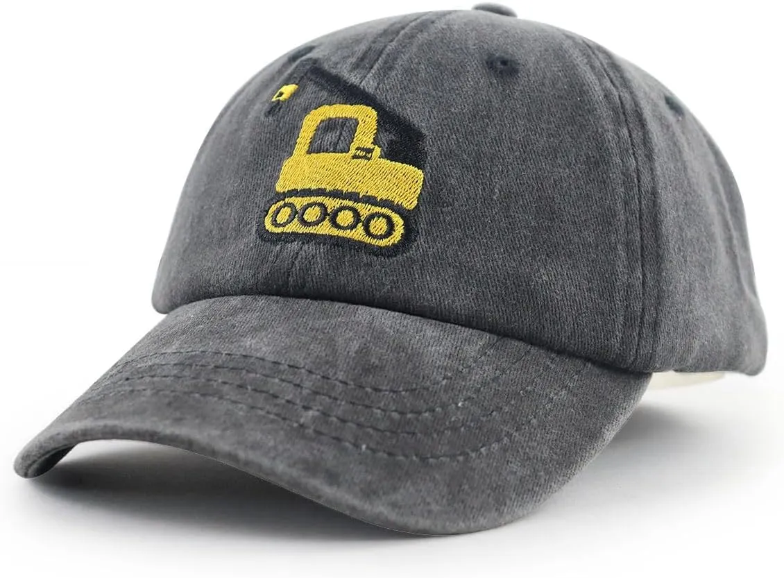 Construction Site Vehicles Hats for Boys Girls Age 3-10Adjustable Vintage Embroidered Kids Baseball Cap