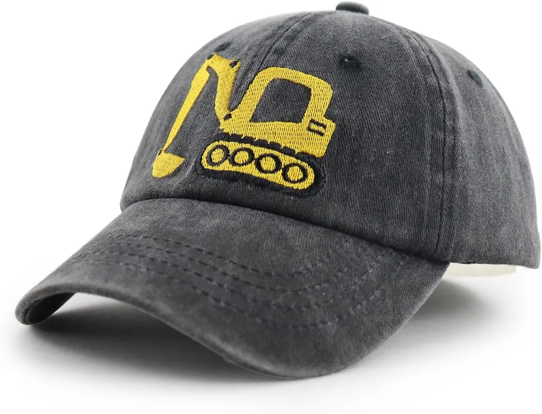 Construction Site Vehicles Hats for Boys Girls Age 3-10Adjustable Vintage Embroidered Kids Baseball Cap