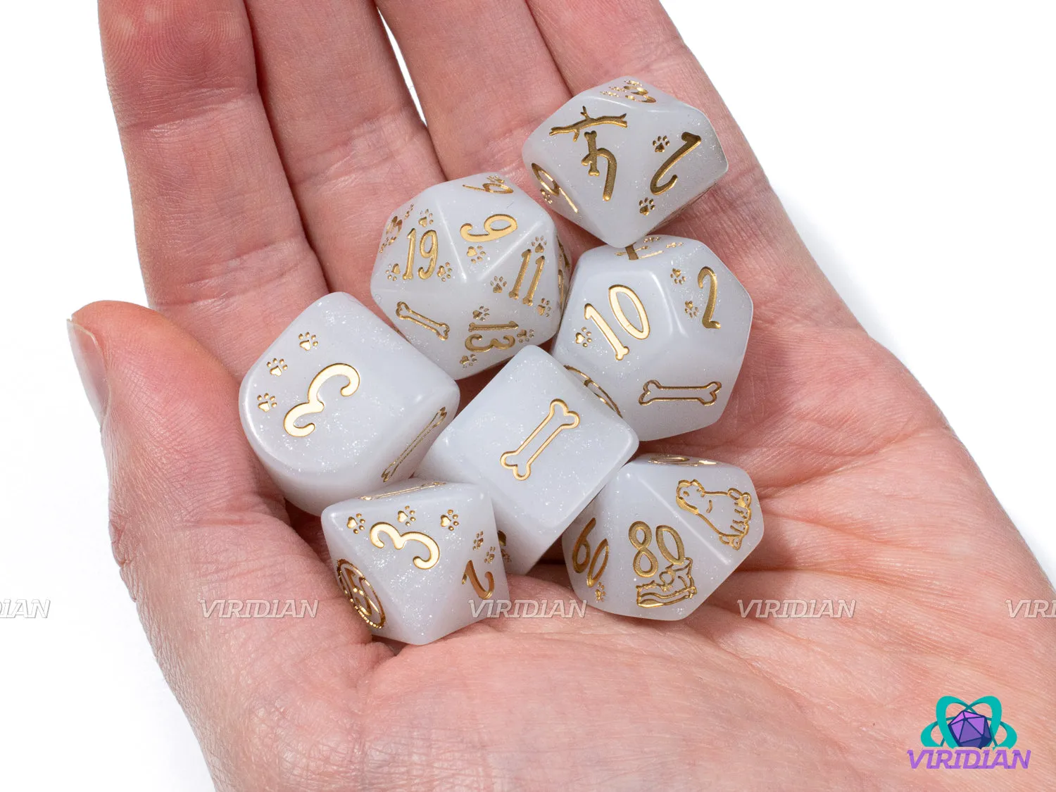 Dogs: Charlie | Dog-Themed Glittery White & Gold | Acrylic Dice Set (7)