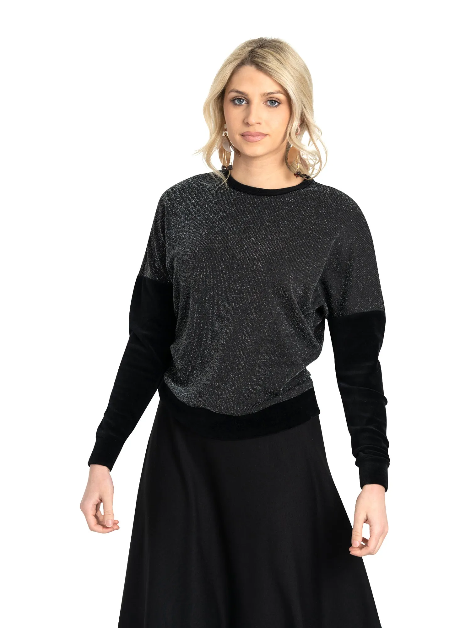 Dot Ribbed Velvet Sleeve Shimmer Top