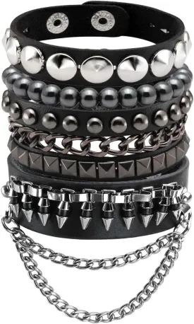 Eigso Punk Leather Cuff Bracelets for Men Women 80s Retro Hematite Rock Spikes Metal Cuff Wristband Set Adjustable for Man Woman
