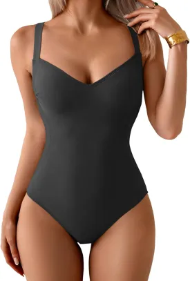Eomenie Women's Tummy Control One Piece Swimsuit Slimming Lace Up Back Bathing Suit V Neck Swimwear