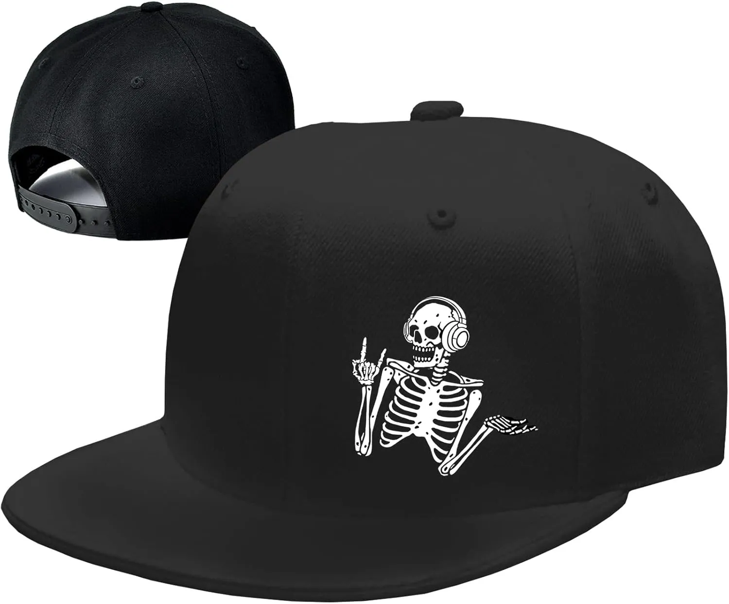 Flat Bill Hats for Men Snapback Hats Skull Skeleton Hat Flat Brim Fitted Hat Adjust Black Baseball Caps for Men
