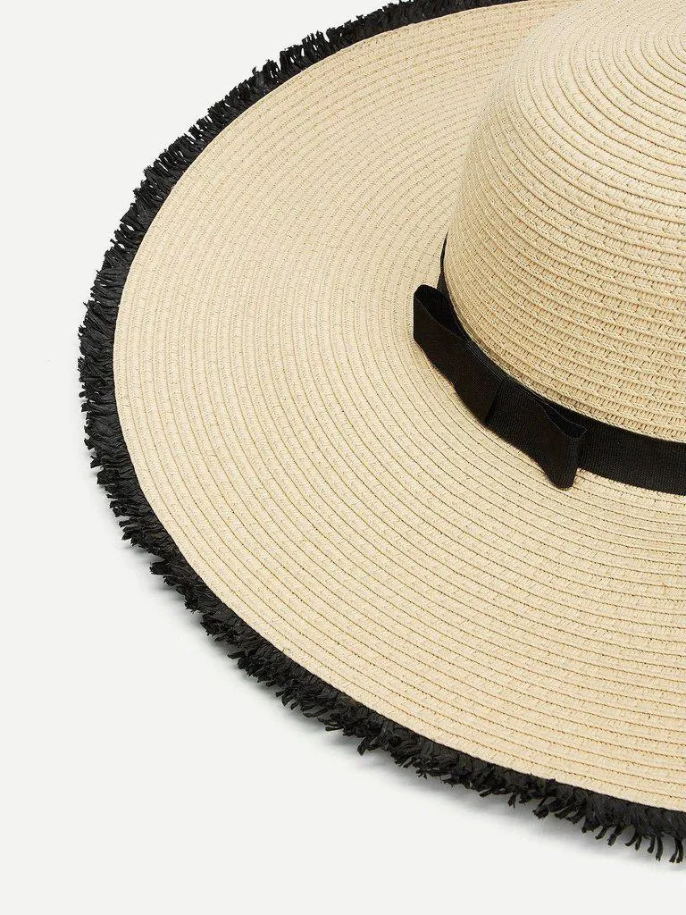 Fringe Trim Straw Floppy Hat