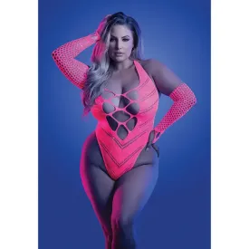 Glow Flashback Black Light Reactive Rhinestone Teddy w/Gloves (or Leg Warmers) - Neon Pink QN