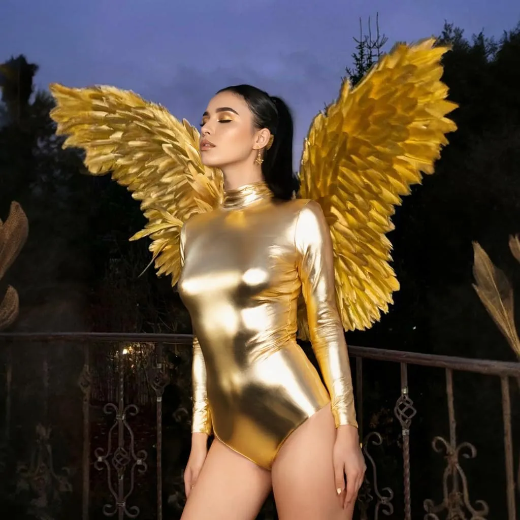 Long Sleeve Metallic Bodysuit Women Shiny Dance Leotard Turtleneck Latex Bodysuit