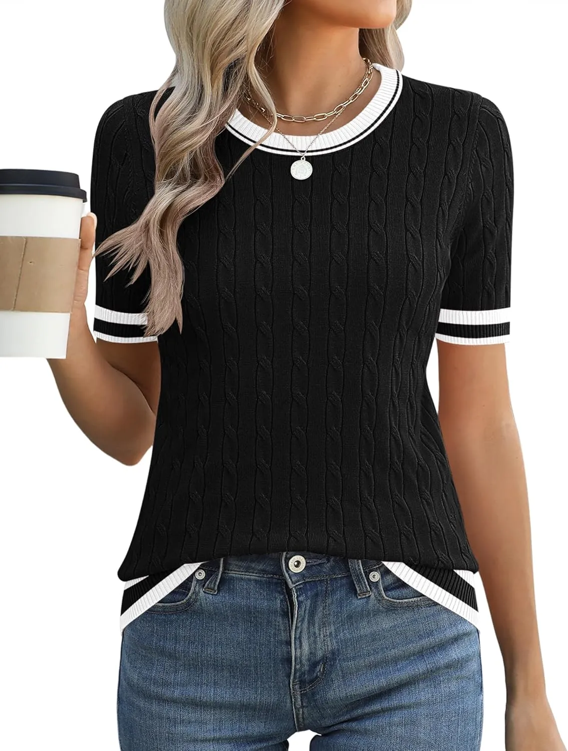 Micoson Womens Short Sleeve Cable Knit Sweater Tops Crewneck Lightweight Spring Summer Shirts Business Dressy Casual Outfits