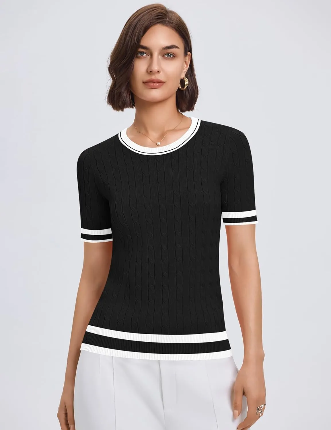 Micoson Womens Short Sleeve Cable Knit Sweater Tops Crewneck Lightweight Spring Summer Shirts Business Dressy Casual Outfits
