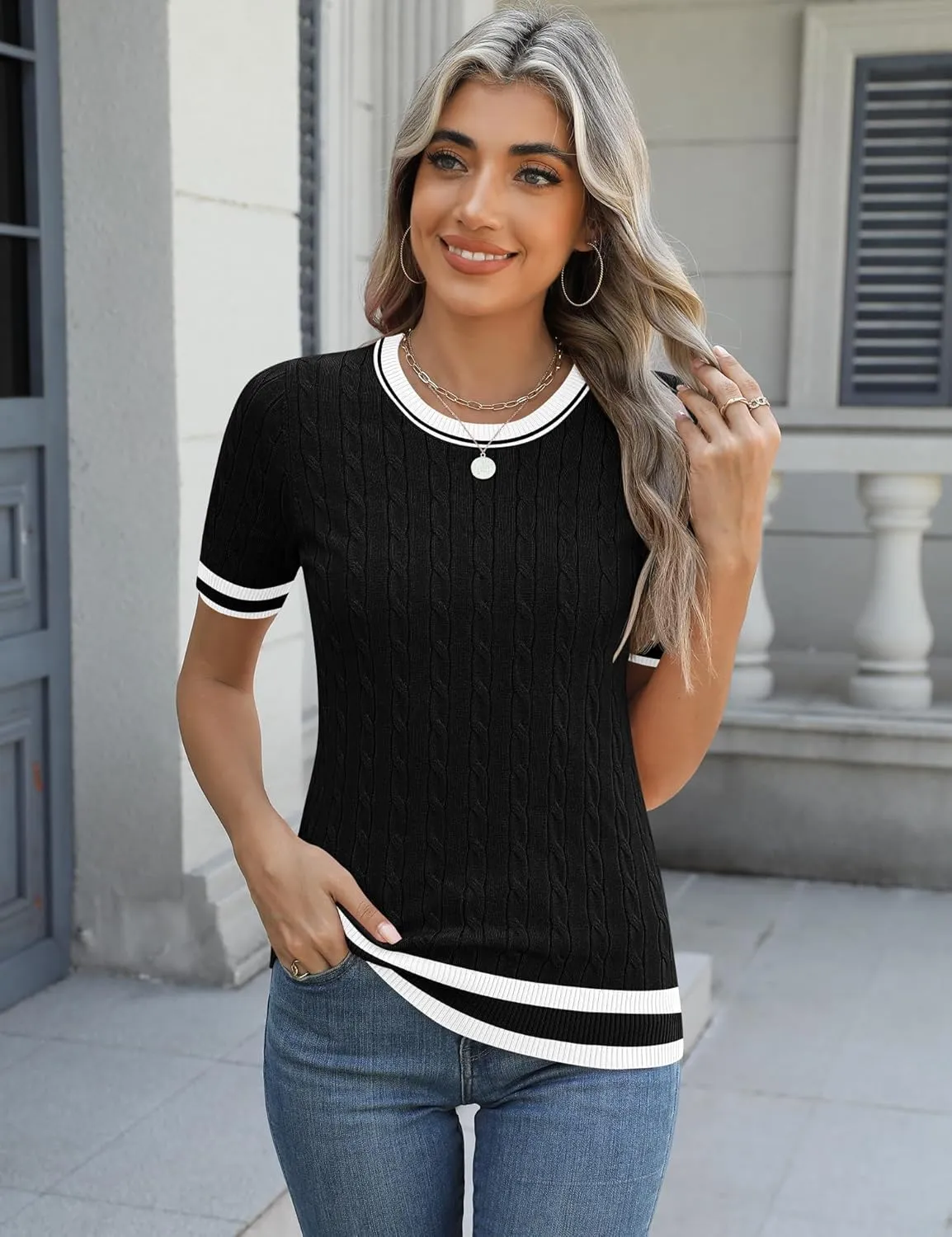 Micoson Womens Short Sleeve Cable Knit Sweater Tops Crewneck Lightweight Spring Summer Shirts Business Dressy Casual Outfits