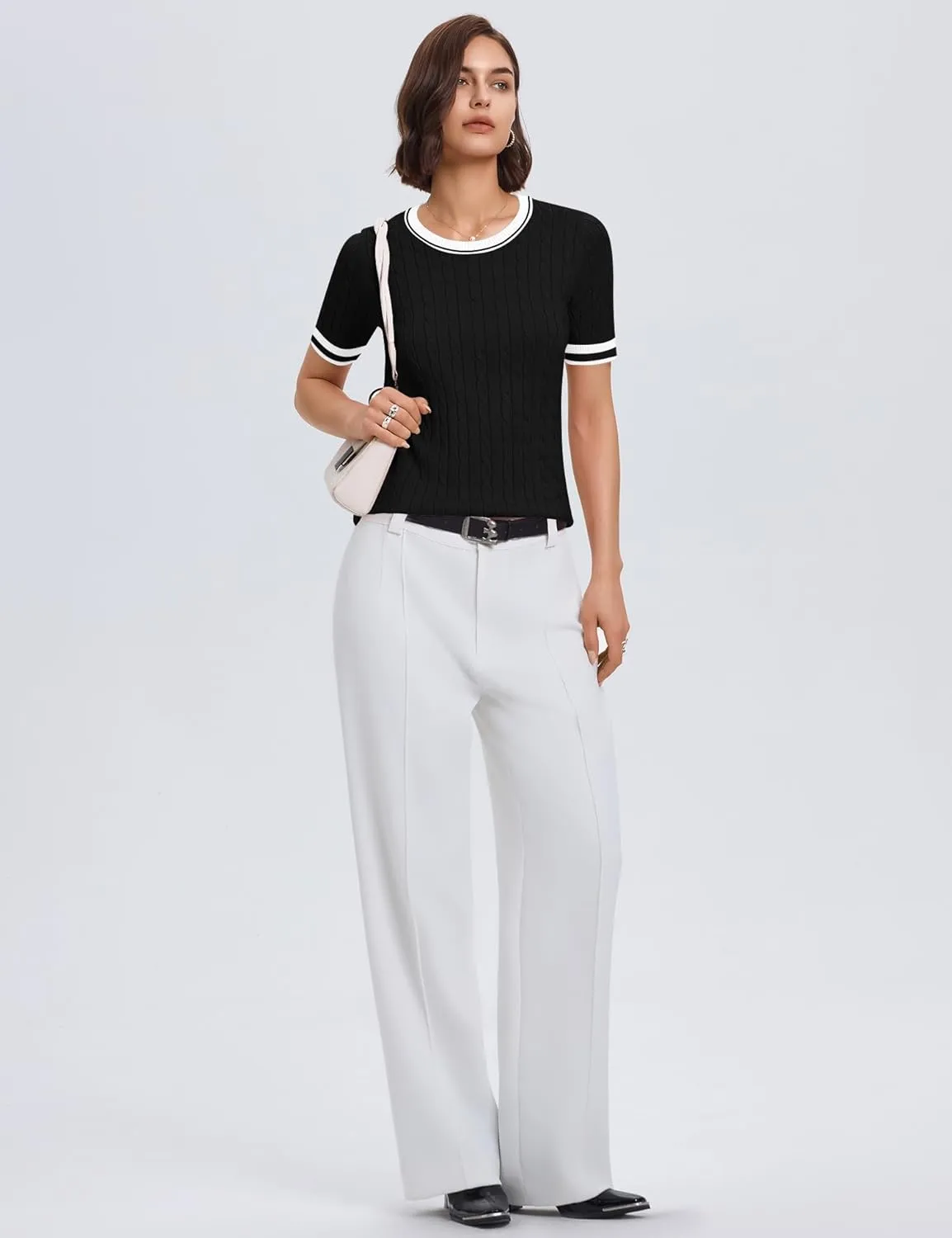 Micoson Womens Short Sleeve Cable Knit Sweater Tops Crewneck Lightweight Spring Summer Shirts Business Dressy Casual Outfits