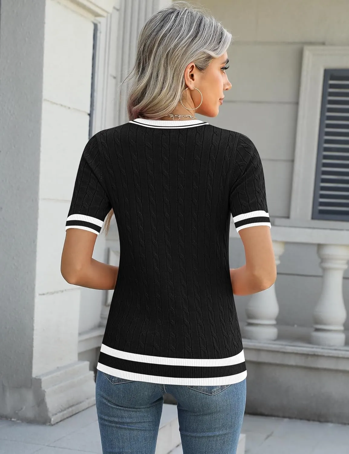 Micoson Womens Short Sleeve Cable Knit Sweater Tops Crewneck Lightweight Spring Summer Shirts Business Dressy Casual Outfits