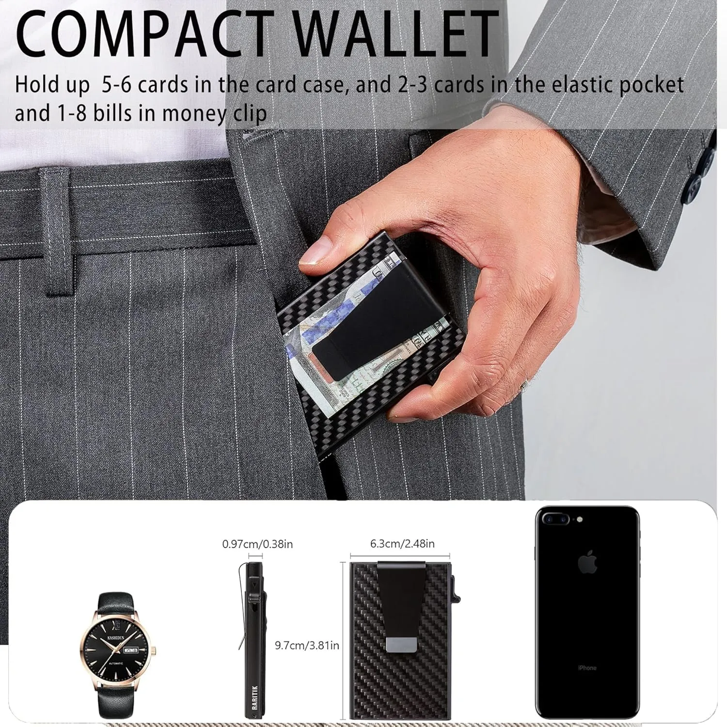 Minimalist Carbon Fiber Wallet for Men, Money Clip Cash Strap Wallet, RFID Blocking Metal Wallet Aluminum Card Holder,Front Pocket Wallet