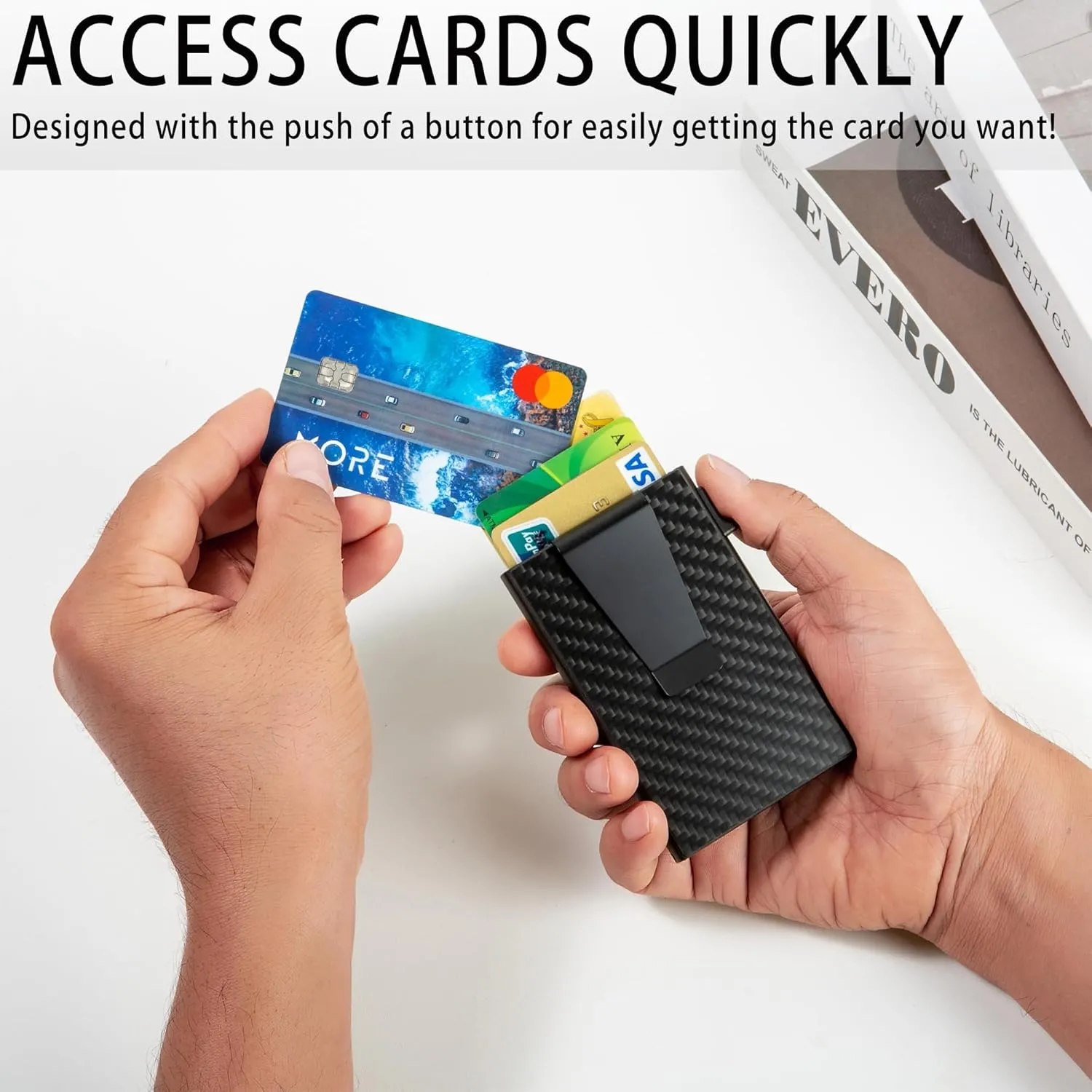Minimalist Carbon Fiber Wallet for Men, Money Clip Cash Strap Wallet, RFID Blocking Metal Wallet Aluminum Card Holder,Front Pocket Wallet