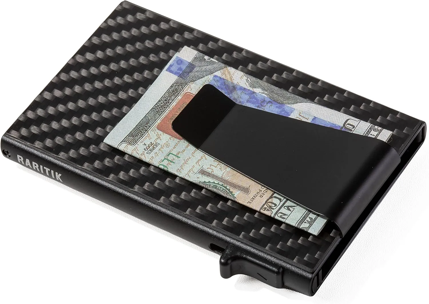 Minimalist Carbon Fiber Wallet for Men, Money Clip Cash Strap Wallet, RFID Blocking Metal Wallet Aluminum Card Holder,Front Pocket Wallet