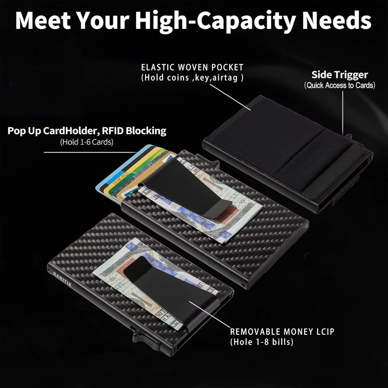 Minimalist Carbon Fiber Wallet for Men, Money Clip Cash Strap Wallet, RFID Blocking Metal Wallet Aluminum Card Holder,Front Pocket Wallet