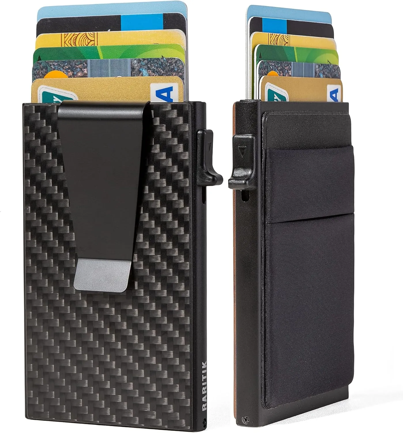 Minimalist Carbon Fiber Wallet for Men, Money Clip Cash Strap Wallet, RFID Blocking Metal Wallet Aluminum Card Holder,Front Pocket Wallet
