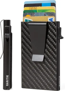 Minimalist Carbon Fiber Wallet for Men, Money Clip Cash Strap Wallet, RFID Blocking Metal Wallet Aluminum Card Holder,Front Pocket Wallet