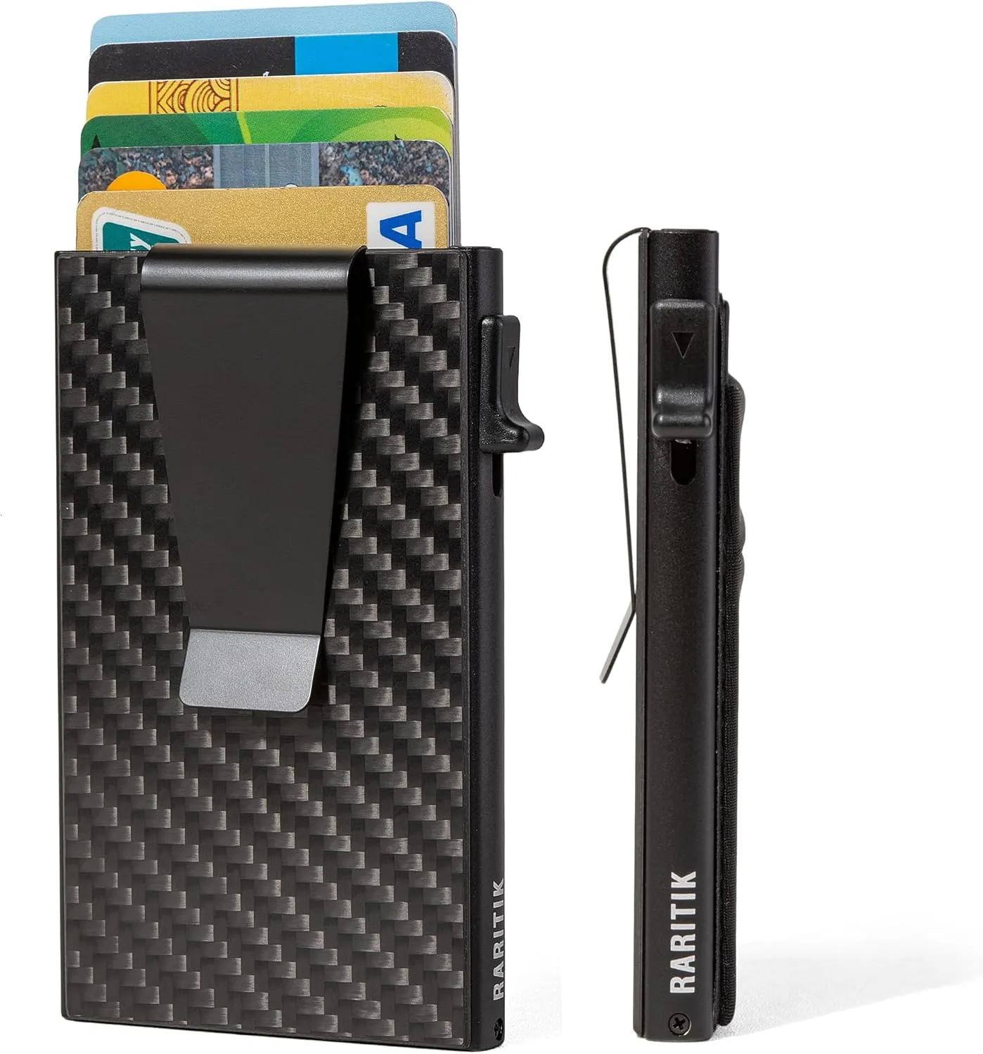 Minimalist Carbon Fiber Wallet for Men, Money Clip Cash Strap Wallet, RFID Blocking Metal Wallet Aluminum Card Holder,Front Pocket Wallet