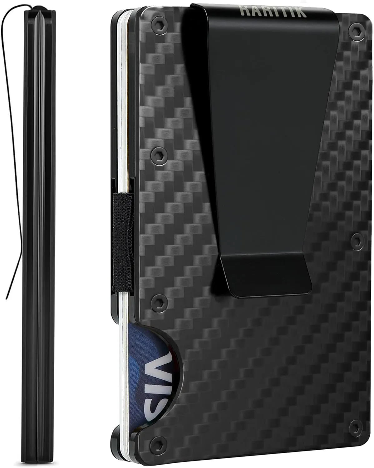 Minimalist Carbon Fiber Wallet for Men, Money Clip Cash Strap Wallet, RFID Blocking Metal Wallet Aluminum Card Holder,Front Pocket Wallet(Carbon Fiber)