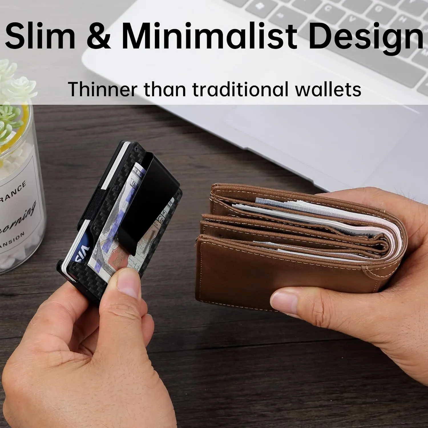 Minimalist Carbon Fiber Wallet for Men, Money Clip Cash Strap Wallet, RFID Blocking Metal Wallet Aluminum Card Holder,Front Pocket Wallet(Carbon Fiber)