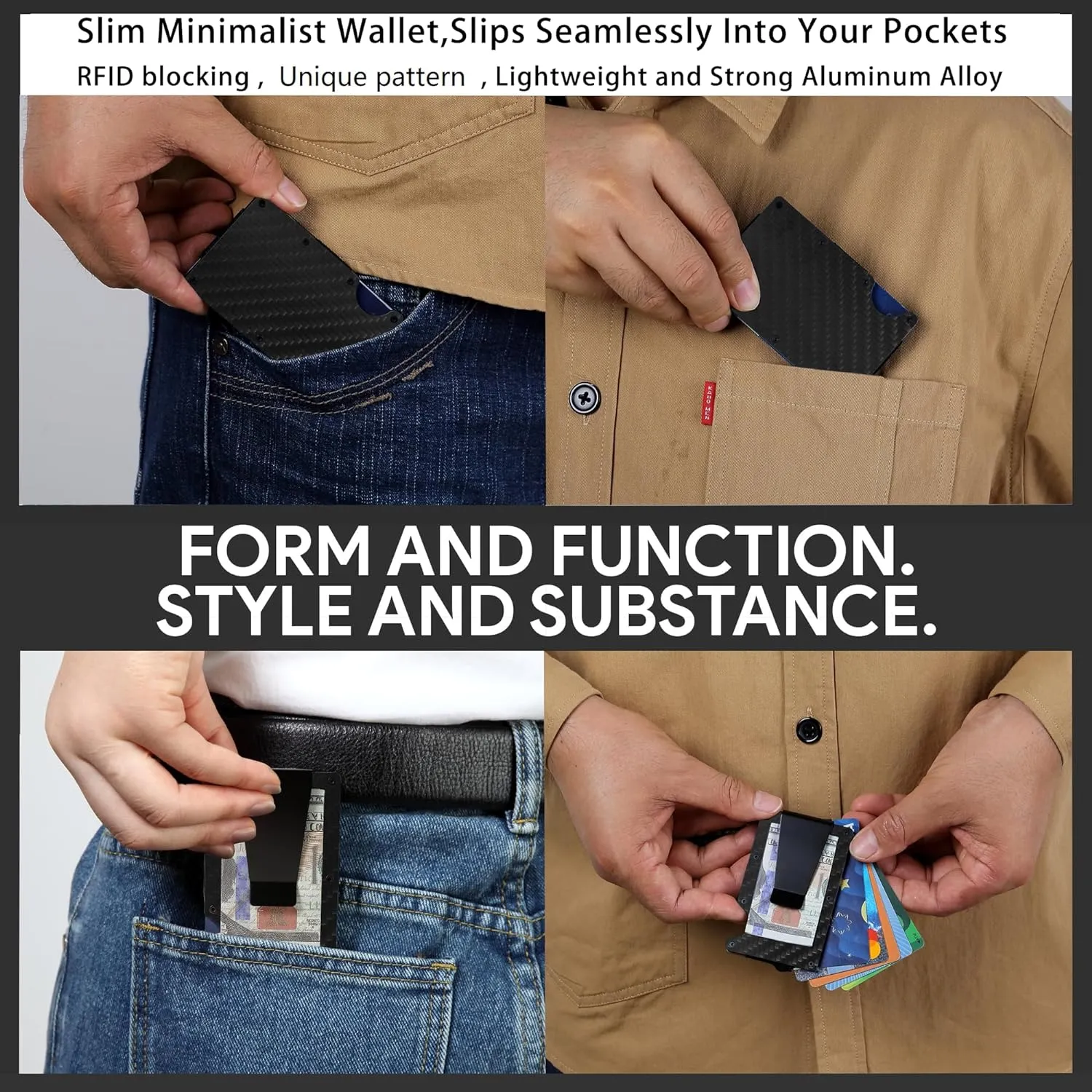 Minimalist Carbon Fiber Wallet for Men, Money Clip Cash Strap Wallet, RFID Blocking Metal Wallet Aluminum Card Holder,Front Pocket Wallet(Carbon Fiber)