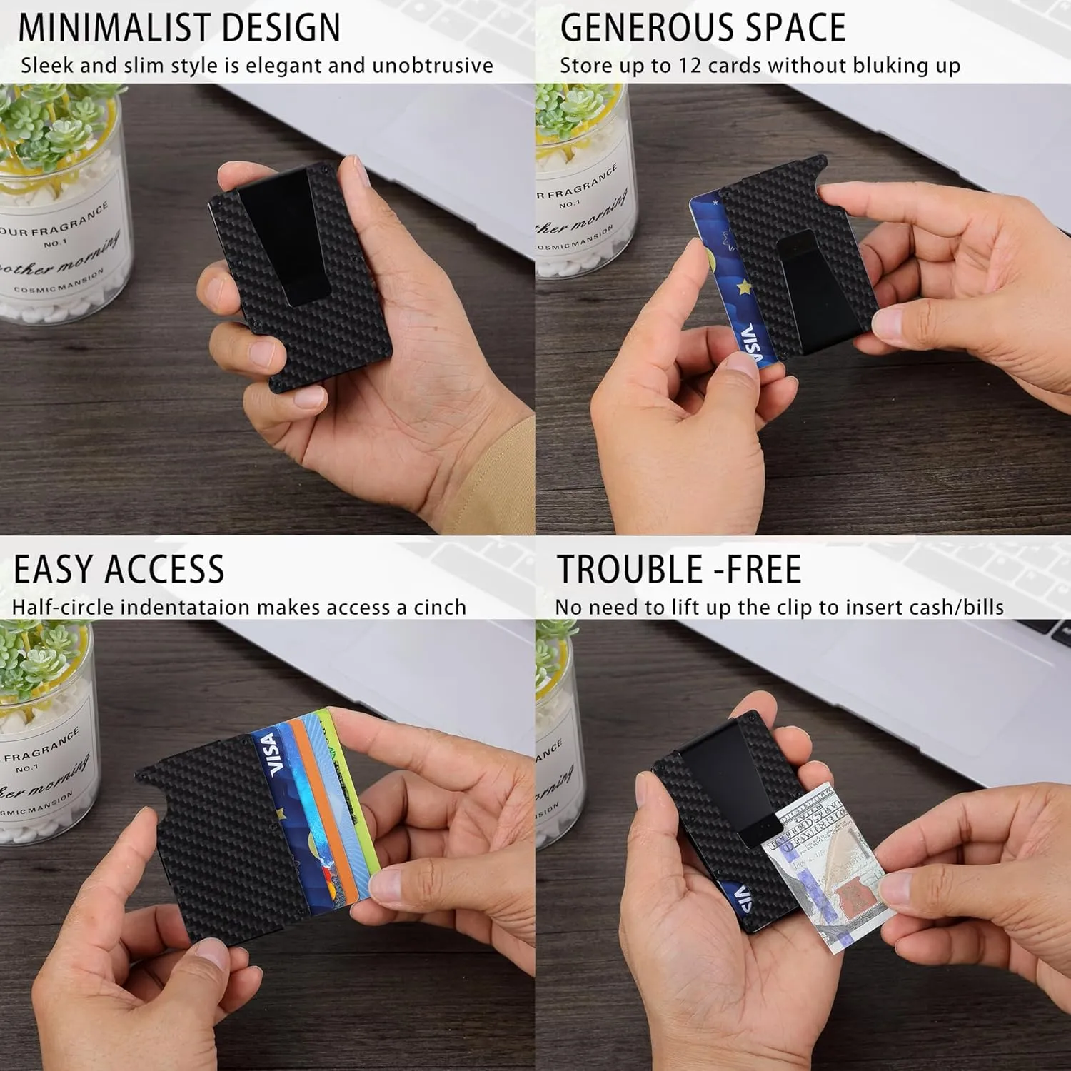 Minimalist Carbon Fiber Wallet for Men, Money Clip Cash Strap Wallet, RFID Blocking Metal Wallet Aluminum Card Holder,Front Pocket Wallet(Carbon Fiber)