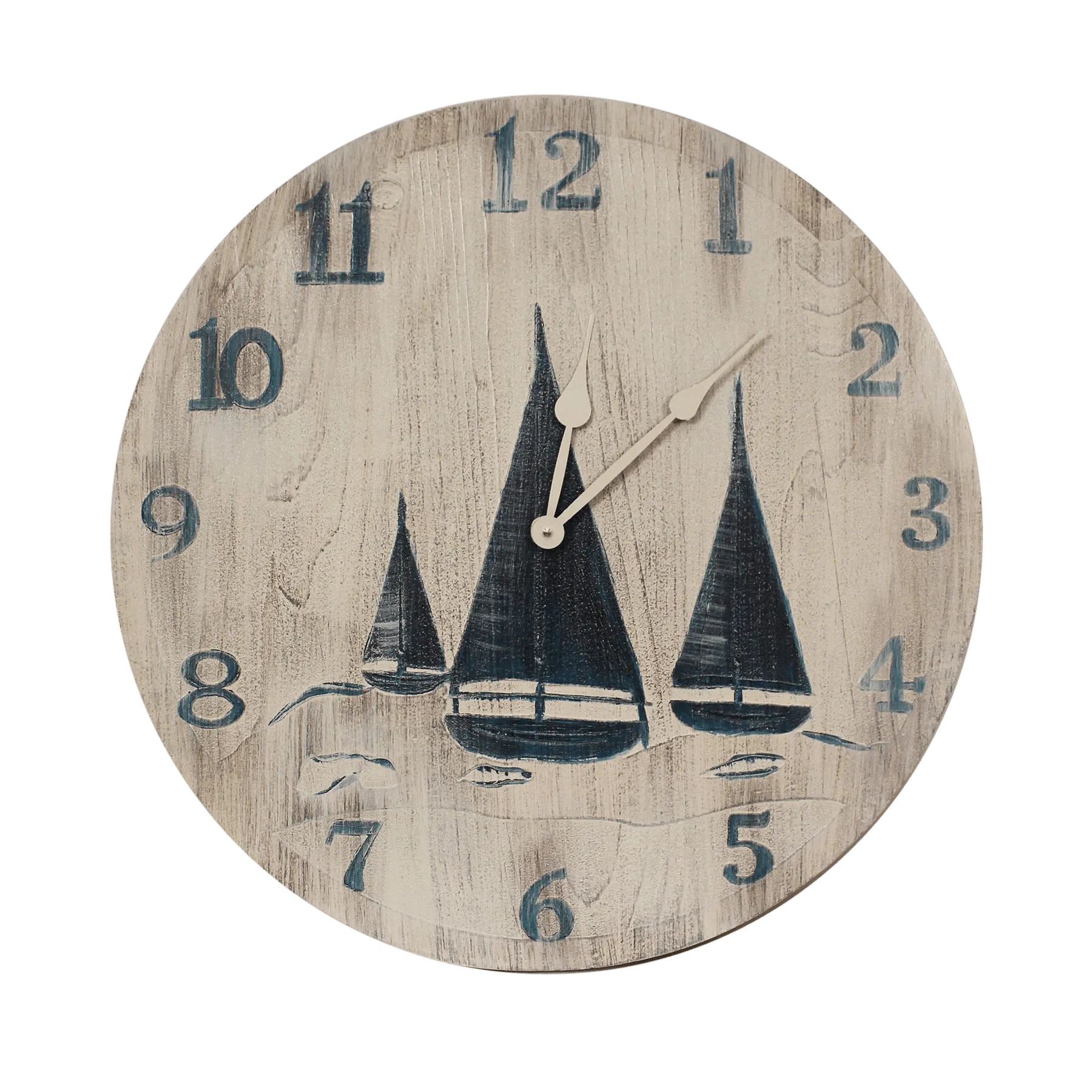 Navy Blue and White Wood Clock with Etched Sailboat Scene (24")