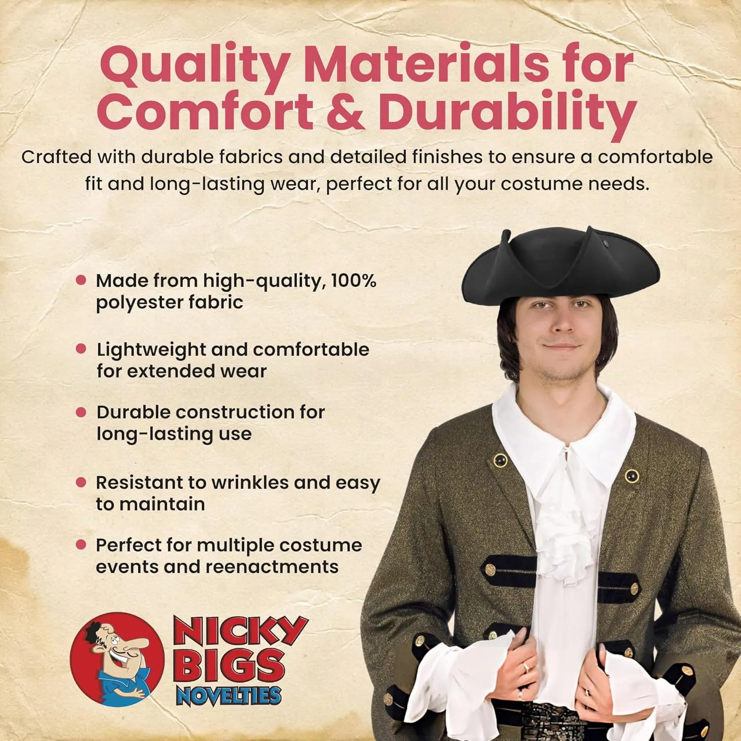 Nicky Bigs Novelties - Colonial Tricorn Pirate Hat - Adult Women and Mens Pirate Hat - Pirate Costume Accessory Colonial Hat