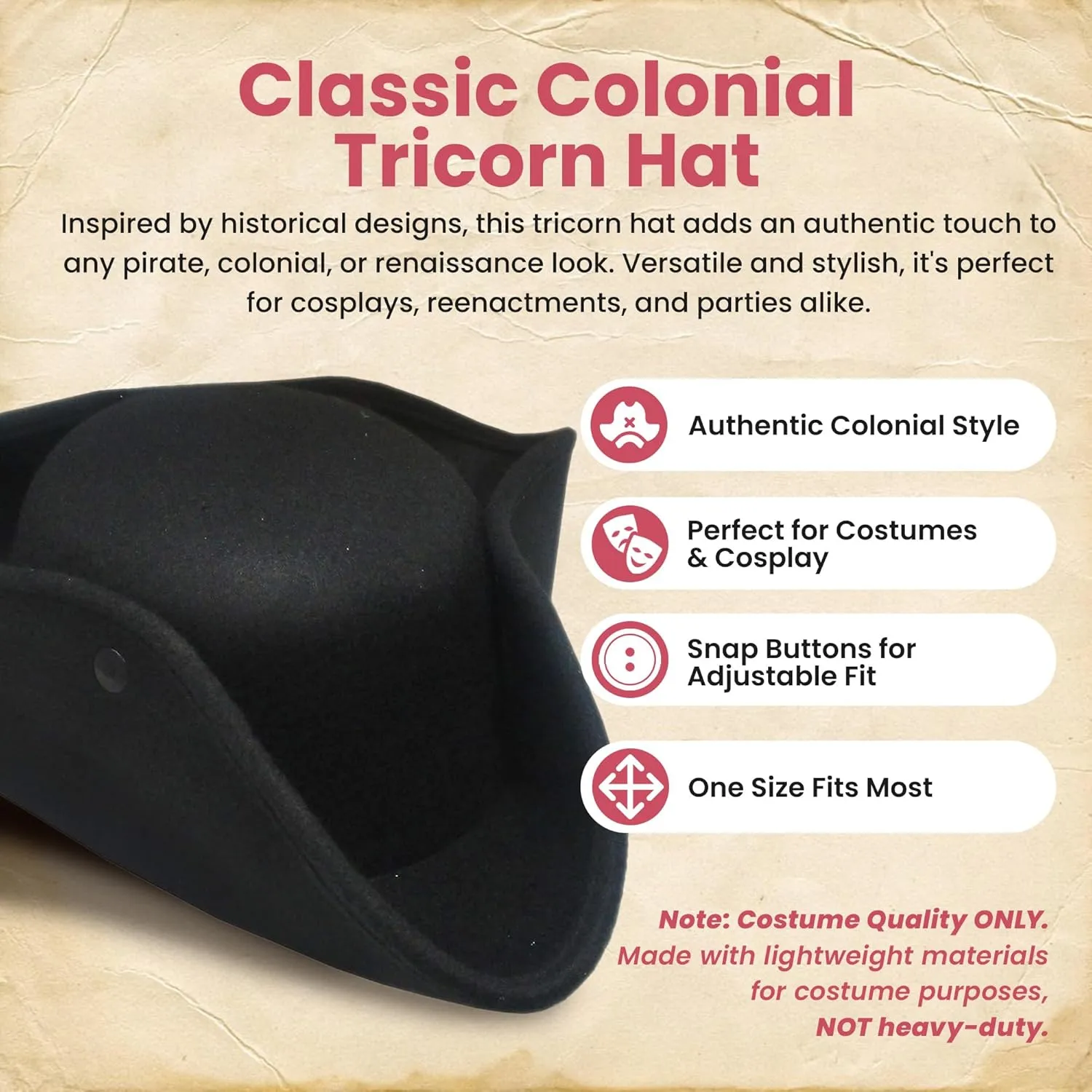 Nicky Bigs Novelties - Colonial Tricorn Pirate Hat - Adult Women and Mens Pirate Hat - Pirate Costume Accessory Colonial Hat