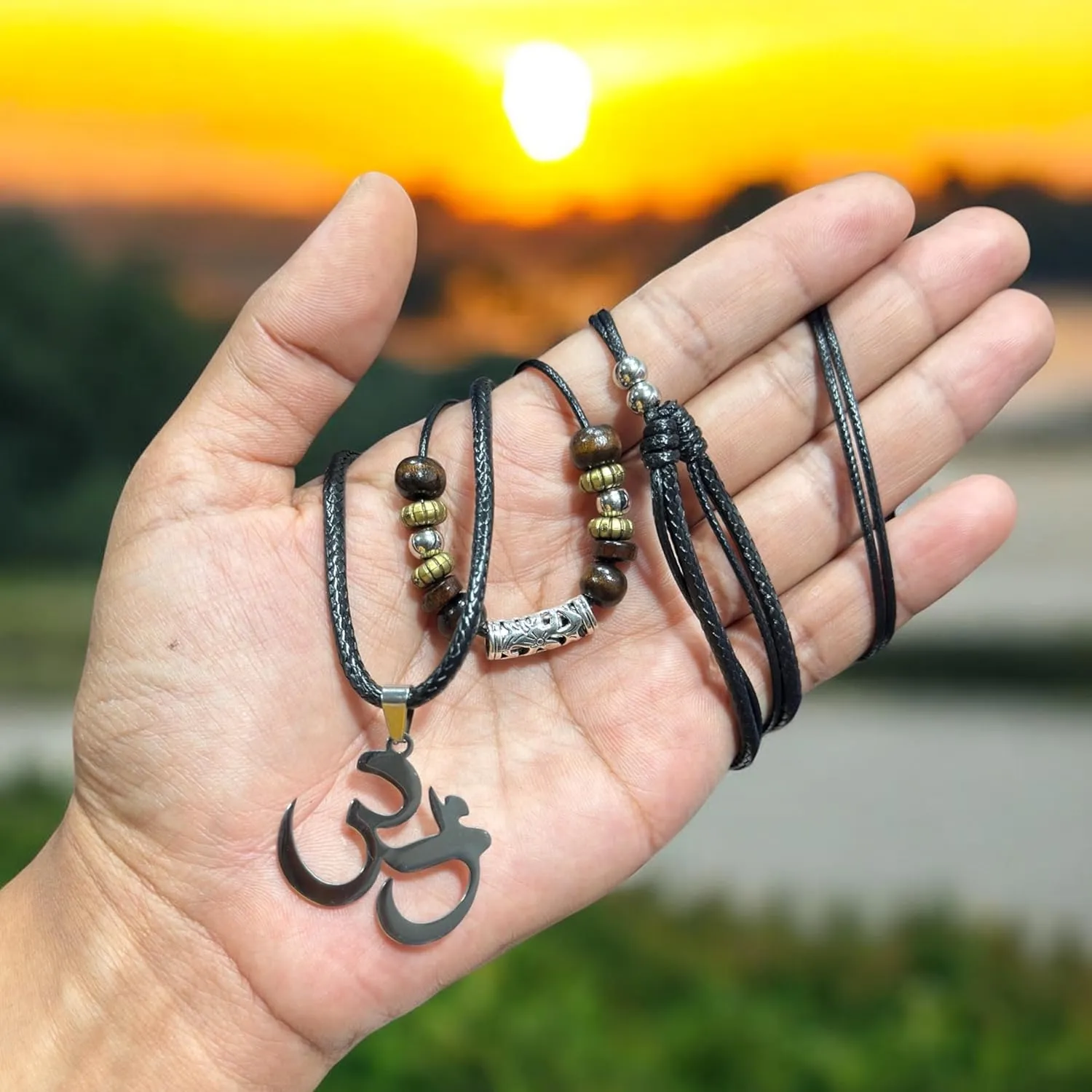 Om Ohm Sanskrit Symbol Yoga Charm Om Symbol Luminous Necklace Chakra Healing Energy Necklace Meditation Jewelry Stainless Steel ,Brass Pendant Necklace Wood Beaded with Adjustable Black Cord Mens Womens