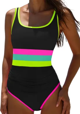 popvil Women's One Piece Swimsuits 2025 Tummy Control -Slimming Bathing Suit Neon 1 Piece Beach Outfit Sexy Sport Swim Suits