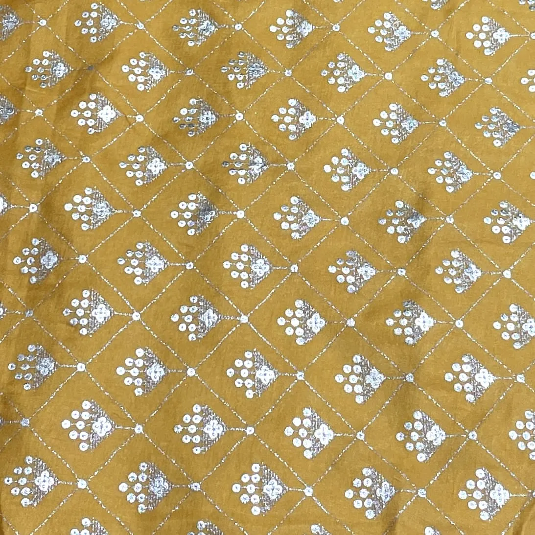 Premium Mustard Yellow Buti Floral Foil Print Silk Fabric