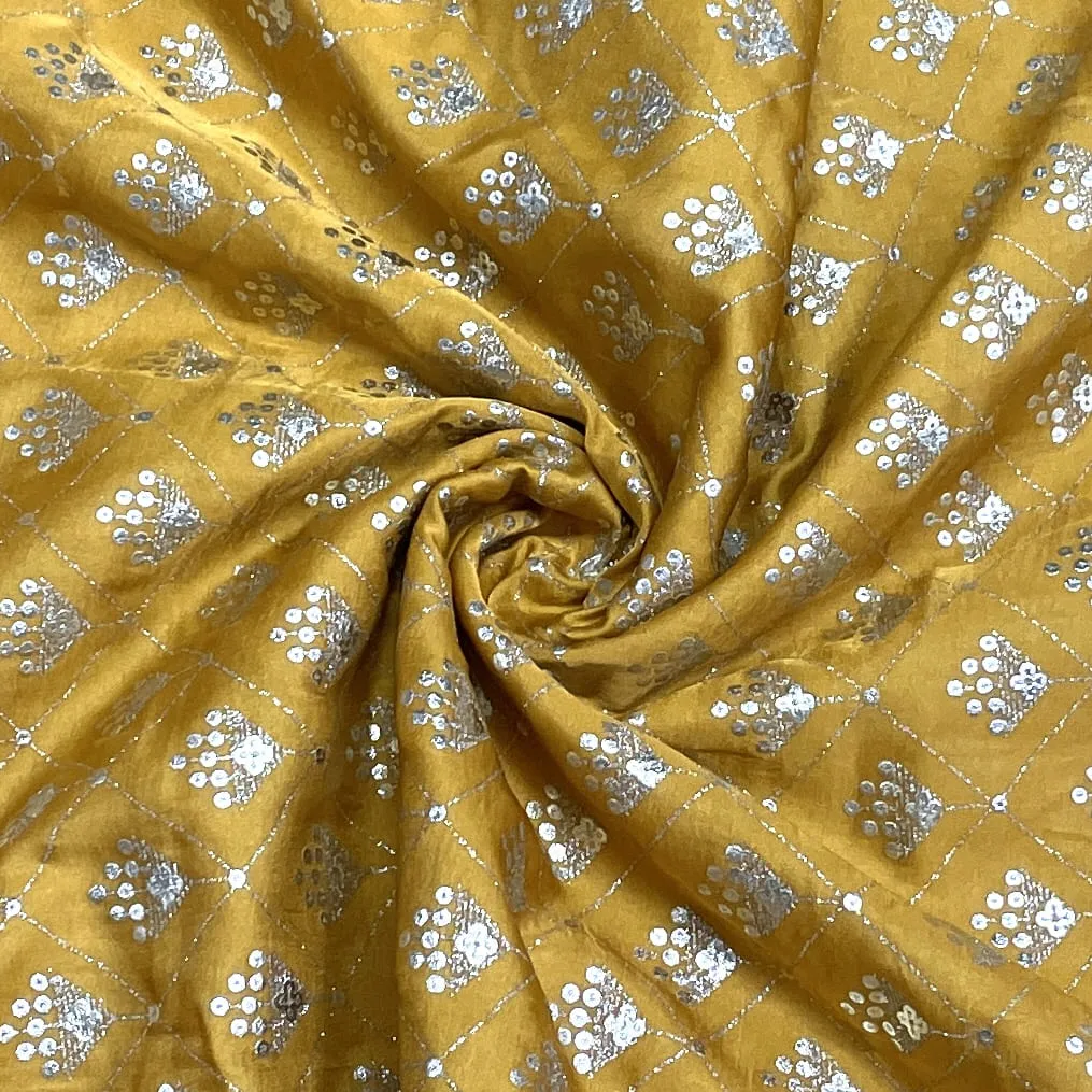 Premium Mustard Yellow Buti Floral Foil Print Silk Fabric