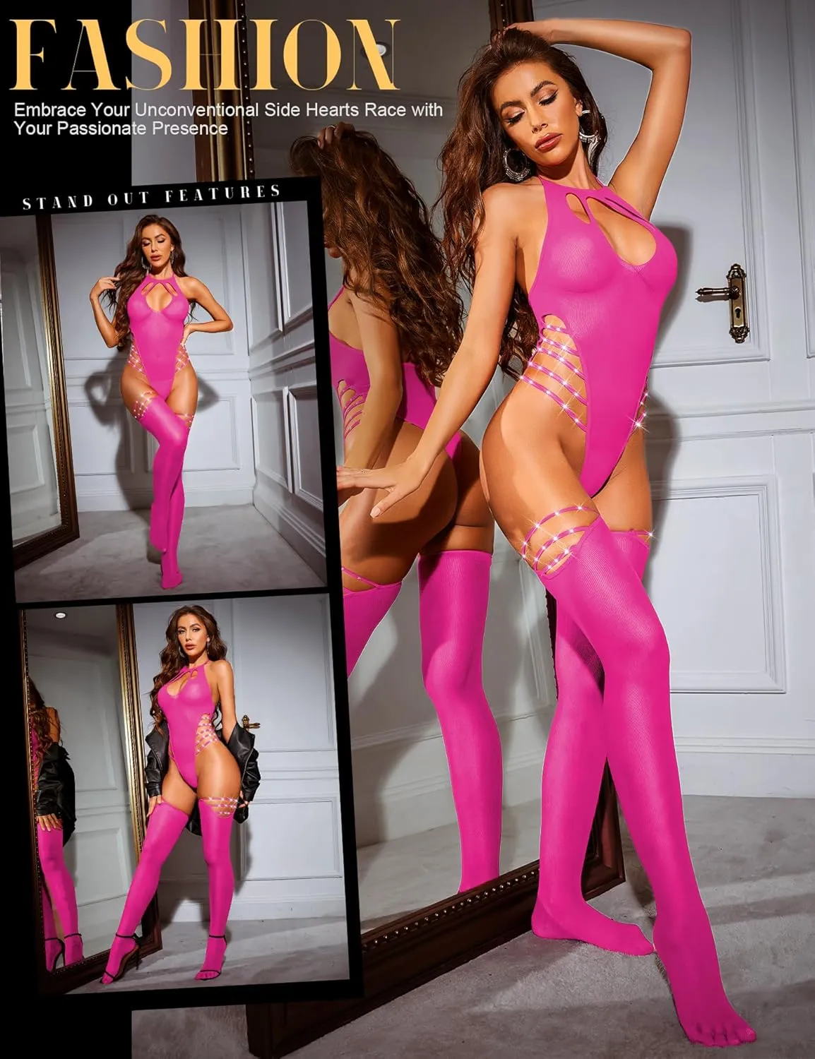 RSLOVE Sexy Lingerie Sets for Women Fishnet Bodystocking Exotic Sparkle Rhinestone Mesh Bodysuit with Thigh High Stockings